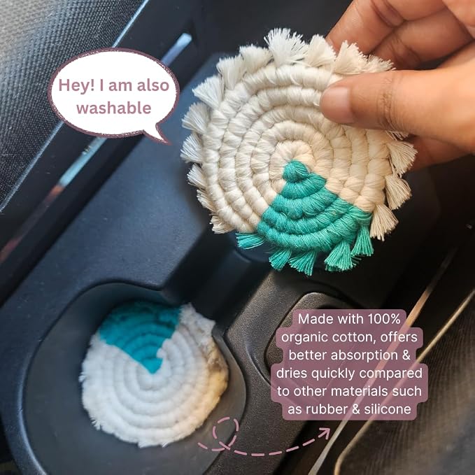 Cotton Car Coasters for Cup Holders, 2PC Car Cup Coasters, Drink Coaster Holder, Cute cupholder Coaster Accessories for Women, Macrame, Boho (Ocean Breeze)
