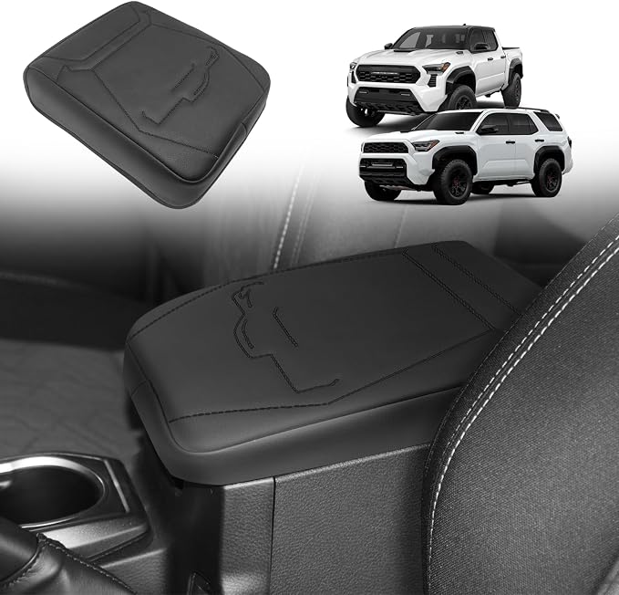 Muslogy Center Console Armrest Cover Fit for 2024 2025 2026 Toyota Tacoma Accessories, Comfort Armrest Pad Console Lid Cushion Protector Vegan Leather Regular Thick(Black/Black Trim)