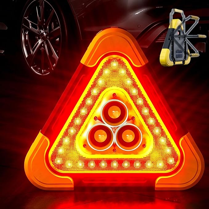 2026 New 3-in-1 Solar Emergency Triangle Warning Light at the Roadside, Portable LED Roadside Triangles with USB Rechargeable, Waterproof Hazard Reflector for Car Breakdowns (1Set, 9.45*10.63inch)