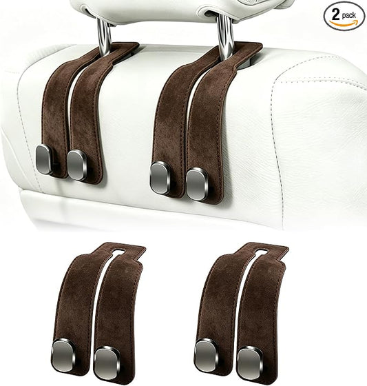 Amelity Car Headrest Hooks, Purse Hook for Car 2 Pack Brown | Universal Car Interior Accessories for Women, Available in 2/4 Pack, Storage Hanger Holds Purses, Backpacks, Grocery Bags