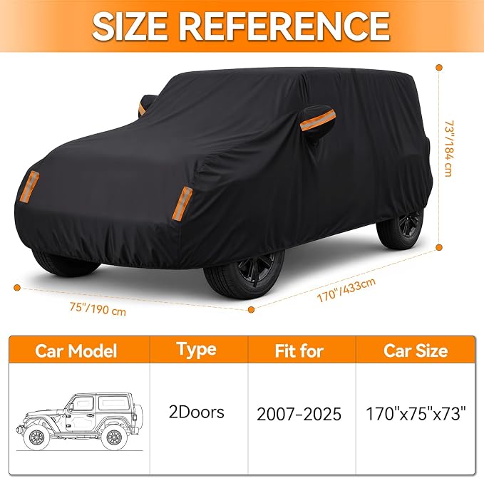 Car Cover for Jeep Wrangler 2 Door 1987-2026 JK JL CJ YJ TJ Outdoor Waterproof Sun Rain Snow Hail UV Protection with Driver Door Zipper