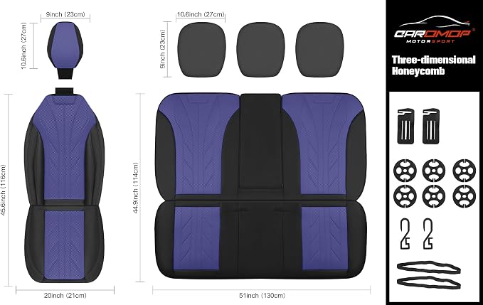 CAROMOP Breathable Cloth Fabric Car Seat Covers 2 Front Seats,Faux Leather 3D Foam Back Support Seat Cover for Car,Universal Seat Covers for Cars,Trucks,SUVs,Front Seat Armrests Compatible(Black/Blue)