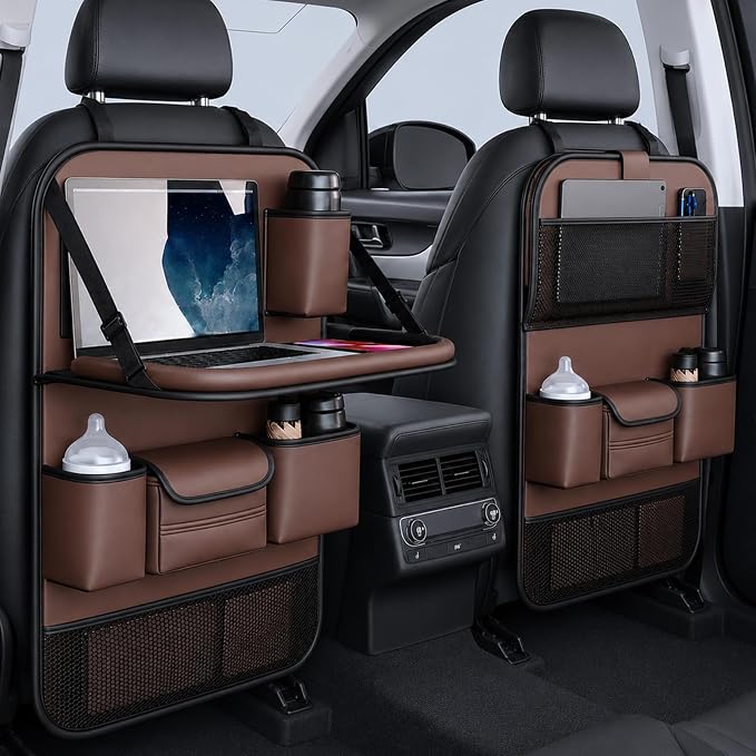 TENLBYC Car Seat Organizers,Multi-functional Back Seat Protectors, Storage Pouches, and Tray Holders (for Cars, Kids, Seat Back and Rear Seats)（Brown1 Pcs）