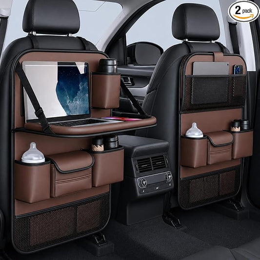 2 Pack Leather Car Backseat Organizer with Foldable Table Tray, Universal Car Seat Back Protector Kick Mat with Touchscreen Tablet Holder, Storage Pockets, Cup Holders & Tissue Holder, Brown