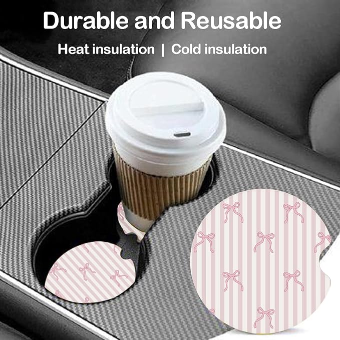 Ceramic Car Coasters – Absorbent Car Cup Holder Coaster Set for Women, Cute Aesthetic Car Accessories for Girls, 2 Pack (Rose Pink)