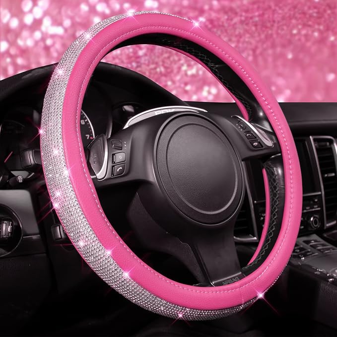 CAR PASS Bling Diamond Leather Steering Wheel Cover, with Bling Sparkly Crystal Glitter Rhinestones Universal Fit 13" 1/2-14" Car Wheel Protector for Women Girl Fit Suvs,Vans,Sedans,Car,Trucks, Pink