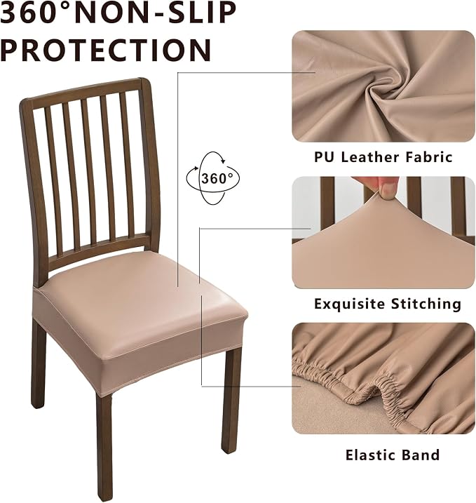 NILUOH Waterproof Seat Covers for Dining Room Chairs Set of 2, Pu Leather Chair Seat Slipcovers Dining Chair Cover Removable Washable Chair Protctor Cover, Rear Covers (PU-Khaki)