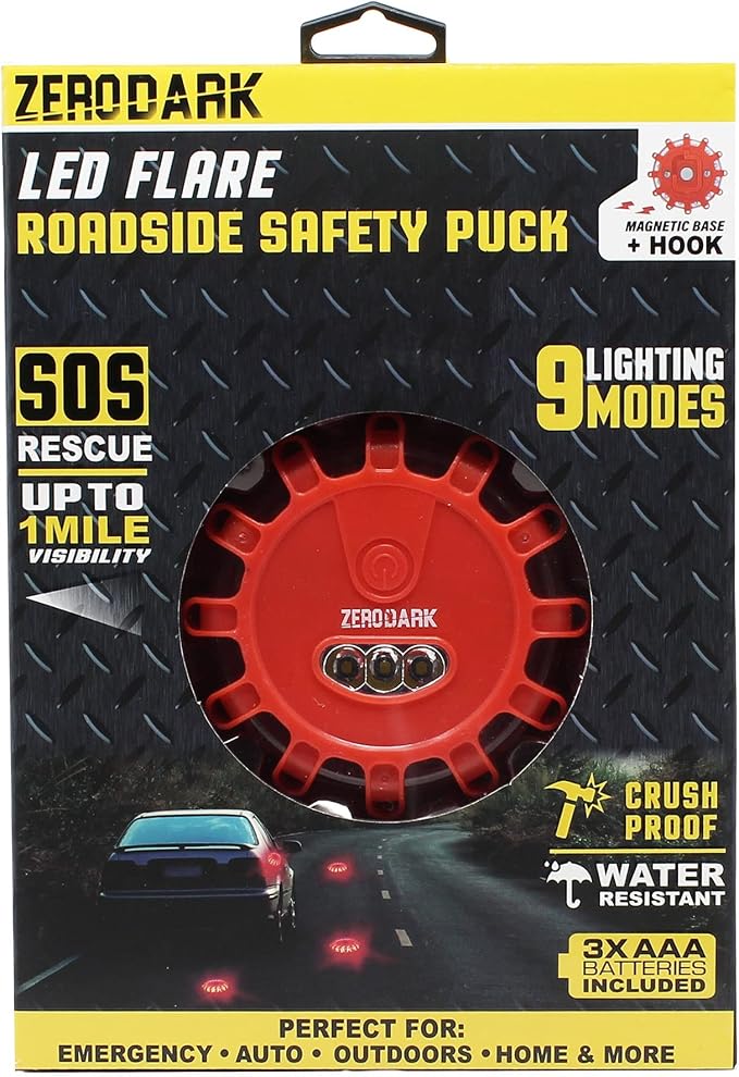 ZeroDark Road Flares LED Flashing Warning Light Emergency Roadside Safety Disc Highlights With Magnetic Base & Hook For Vehicles & Boat 1Pack