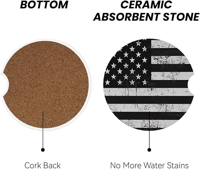 Black White American Flag Absorbent Ceramic Car Coasters for Cup Holders, 2.56" Anti Slip Insert Cup Coasters for Women Men (2 PCS)