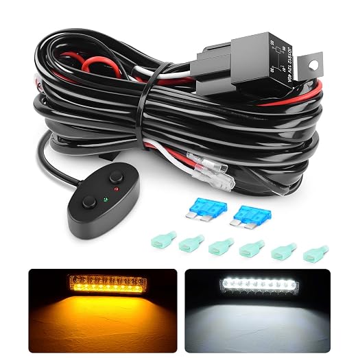 Nilight 10031W Amber White Dual Color Light Bar Wiring Harness Kit 16AWG with 12V Relay 15A Inline Blade Fuse Push Button Switch for Offroad Driving Light, 2 Leads