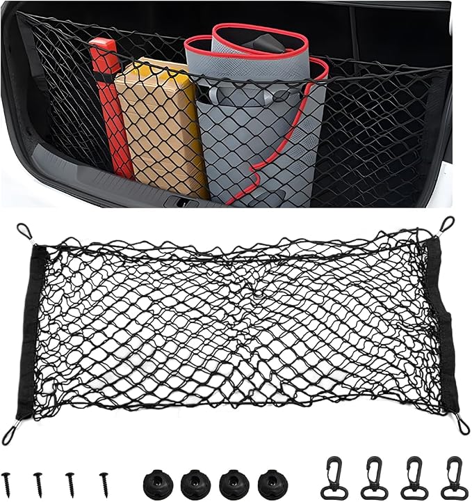 Stretchable Cargo Net, Adjustable Elastic Storage Mesh Nets, Envelope Style Cargo Netting with Mounting Screws and Hooks, Trunk Rear Cargo Organizer Net for Car Truck SUV (35.4×11.8 Inch)