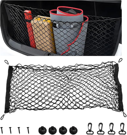 Stretchable Cargo Net, Adjustable Elastic Storage Mesh Nets, Envelope Style Cargo Netting with Mounting Screws and Hooks, Trunk Rear Cargo Organizer Net for Car Truck SUV (35.4×11.8 Inch)