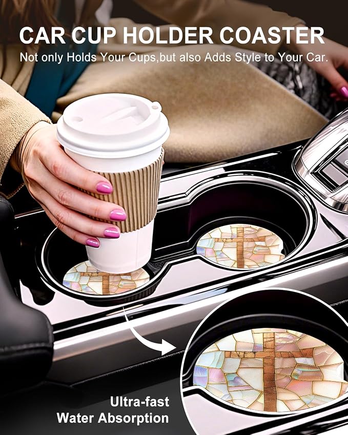 Swooflia Car Coasters for Women - Jesus Ceramic Car Cupholder Coaster Cool Absorbent Mat Coaster with Cork Base 2 Pack Automotive Cup Holder Accessories New Driver Gifts for Decor
