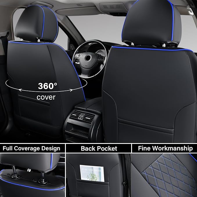 Coverado Tacoma Seat Covers Full Set, Faux Leather Seat Covers Custom Fit for 2005-2015 Toyota Tacoma Double/Crew Cab Base Prerunner SR5 Limited TRD Sport Interior Covers (Blue Line)