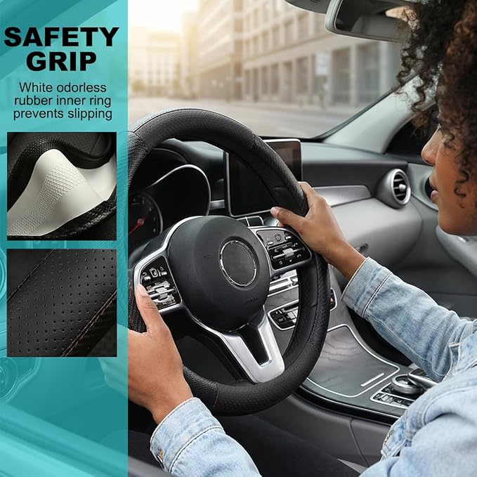 Car Steering Wheel Cover, Breathable Carbon Fiber Vehicle Steering Wheel Protector with Anti-Slip Lining, Automotive Interior Accessories, Universal for SUV RV Truck (Black)