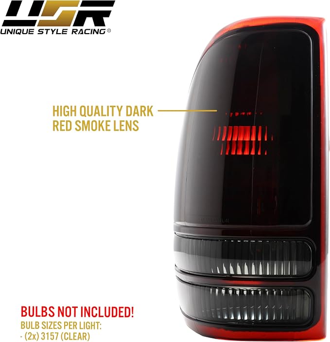USR 97-04 Dakota PickUp Tail Light – Rear Tail Lamps (Left + Right) Pair - Compatible with 1997-2004 Dodge Dakota Pick Up Truck All Models/Trims (DARK SMOKE RED TAIL LIGHTS/PLUG AND PLAY READY)