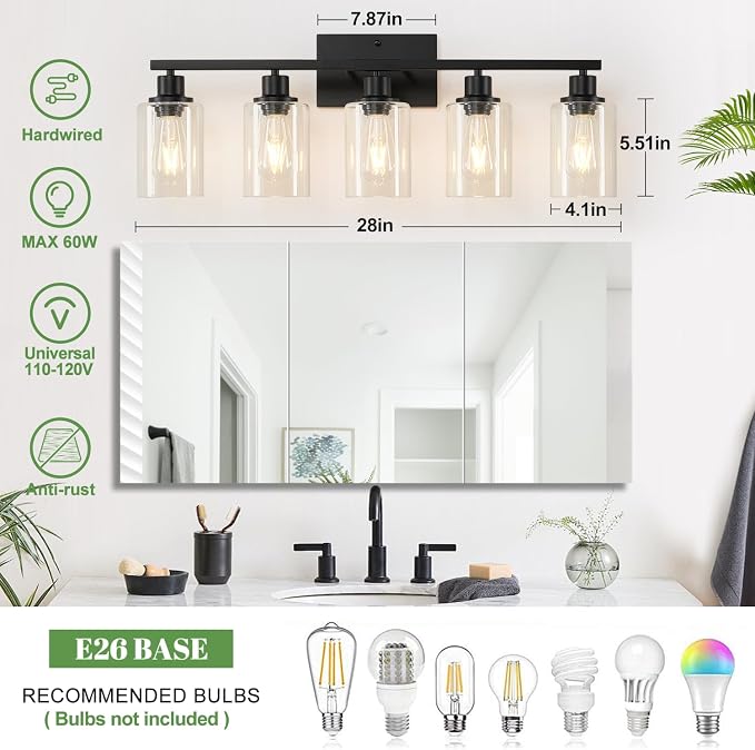 MOKATNG 5-Light Bathroom Light Fixtures, Vanity Light with Clear Glass Shades, Matte Black Bathroom Light Fixtures Over Mirror, Modern Bathroom Wall Lamp for Mirror Living Room Cabinet Bedroom