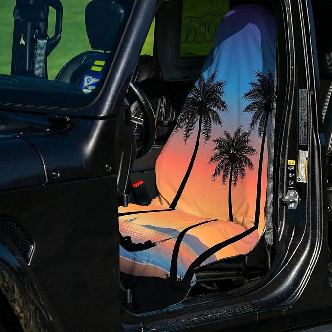 2 Pack Car Seat Towel Covers, Sweat Protector for Front Seats, Premium Thickened Microfiber with Elastic Strap, Breathable Quick Dry, Machine Washable Cover for Gym Running Universal Fit Sunset Beach