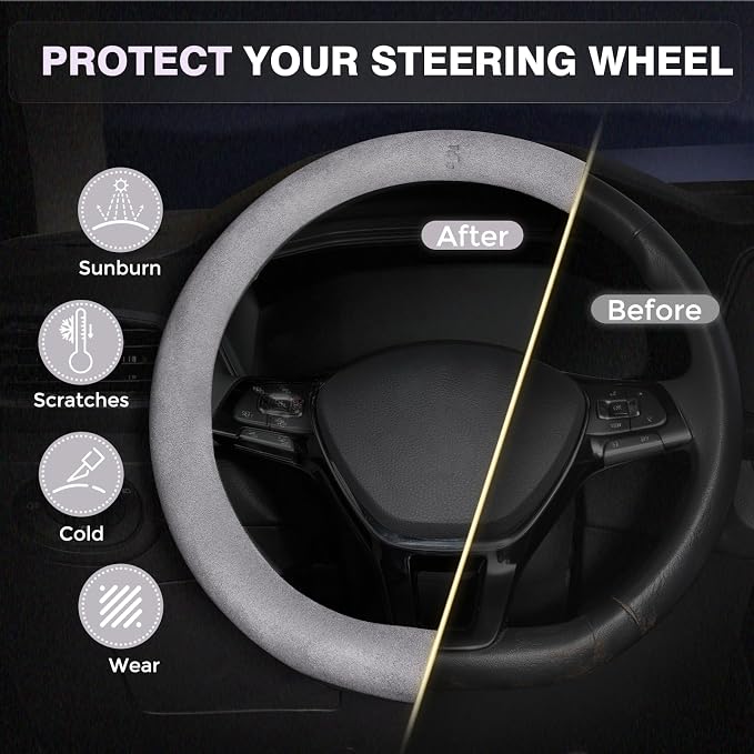 FLORICH Winter Steering Wheel Cover, Microfiber Suede Car Steering Wheel Covers with Anti-Slip Lining, Breathable Elastic Car Steering Wheel Protector Soft, Universal Standard Size 14-15 inch