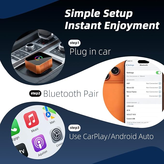 Wireless CarPlay Adapter & Android Auto Adapter, 2-in-1 Mini, Orange | Factory-wired CarPlay or Android Auto required, plug and play, auto reconnect, compact USB-A design, USB-C adapter included
