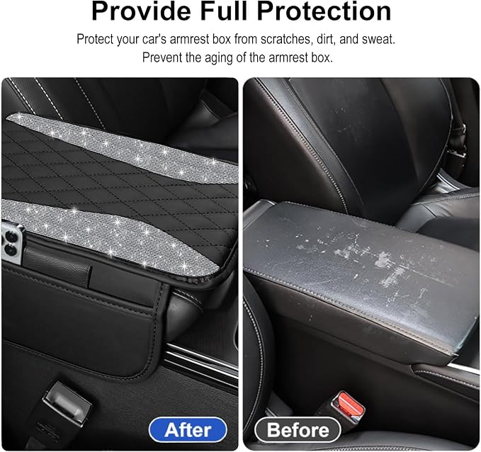 NBTEPEM Bling Car Center Console Cover, Leather Middle Console Cover with 2 Storage Bags, Universal Arm Rest Cover Protector, Bling Car Accessories Interior Fit for Most Vehicles, Silver Diamond