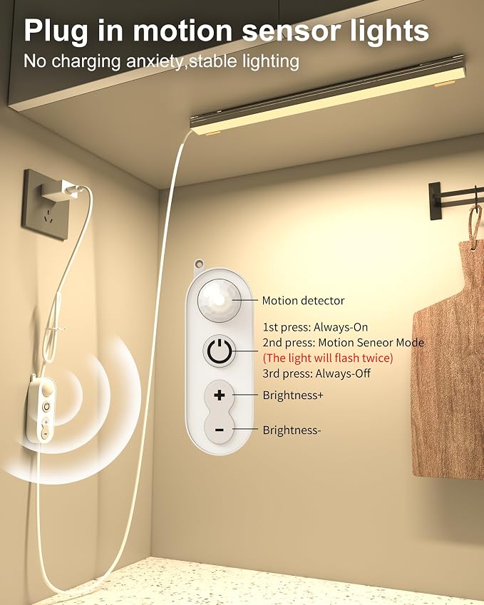 ASOKO Motion Sensor Dimmable Led Under Cabinet Light 12" Plug in Warm White | ASOKO Motion Sensor Dimmable Led Under Cabinet Lighting, 12" Plug in Warm White Light Bar for Kitchen Counter Closet Shelf