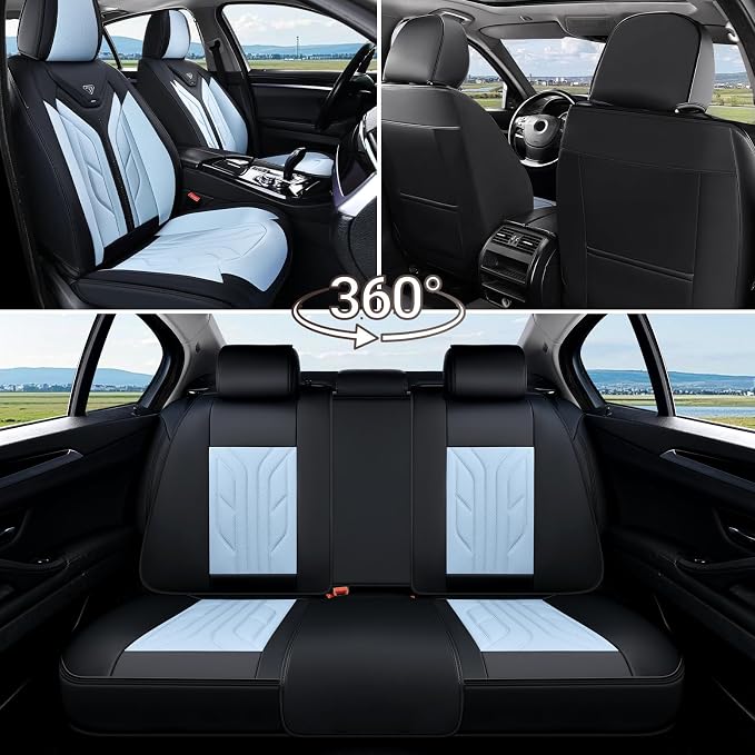 Coverado Car Seat Covers Full Set, Automotive Seat Covers Car Seat Protector Car Seat Cushion, Waterproof Leather Seat Covers for Cars, Universal Fit for Most Sedan SUV Pick-up Truck(Black&Light Blue)