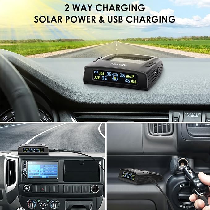 Tymate TM2 RV Tire Pressure Monitoring System, Tire Pressure Monitor with Solar Charge, TPMS with 4 Sensors(Max. 10) & 6 Alarm Modes, Color LCD Display, 0-144PSI for RV/Trailer/Truck/SUV/Fifth Wheel