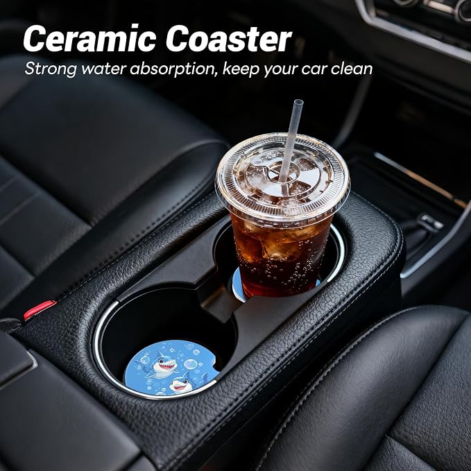 Car Cup Holder Ceramic Coasters 2 Pack, 2.56 in Anti Slip Absorbent Coaster with Cork Base and Finger Notch, Funny Cute Car Accessories Interior for Women, Dolphins