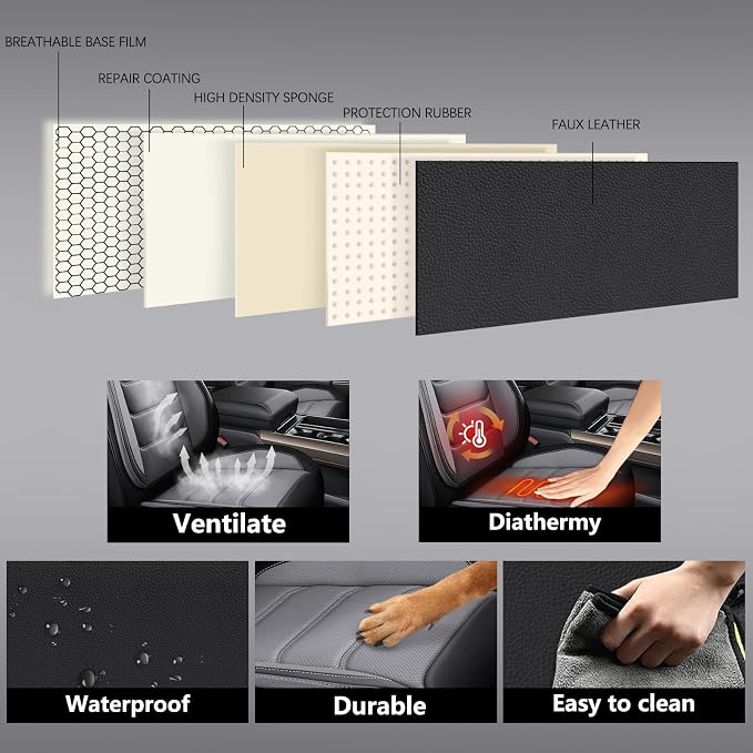 Full Coverage Faux Leather Car Seat Covers Full Set,Automotive Seat Covers for Cars,SUVs Pick-up Truck, Car Seat Cushion, Black and Grey Seat Covers for 5 Seats