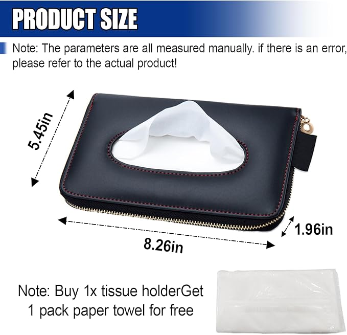Car Tissue Holder, Leather Car Sun Visor Napkin Box with Tissue Refill, Auto Backseat Paper Carton Mask Dispenser with Zipper, Universal Hanging Vehicle Towel Clip for RV, SUV, Truck (Black)