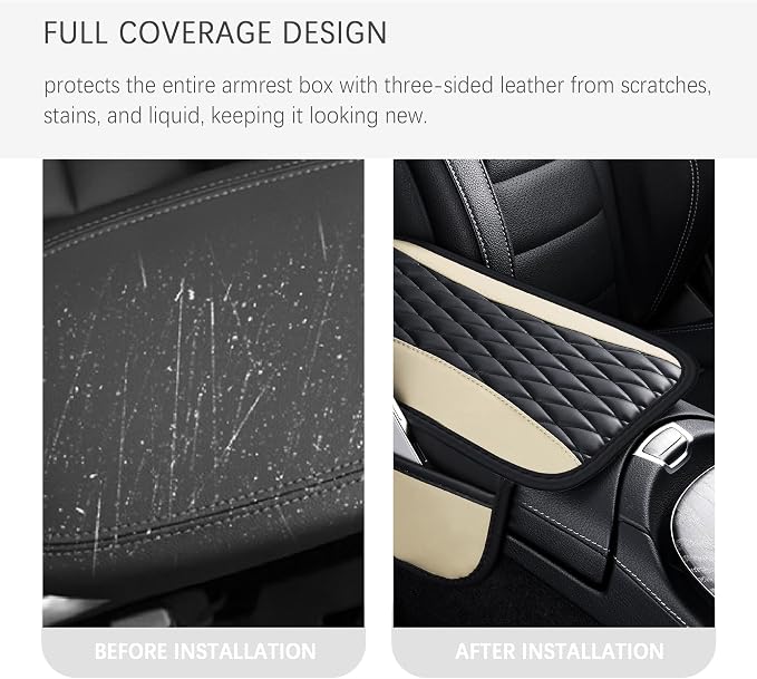IHOTDER Patchwork Leather Center Console Covers for Cars,Upgraded Arm Rest Cover for Car with Side Storage Pocket for Car Seat Organizer,Middle Console Cover Stylish Car Decoration (Light Beige)