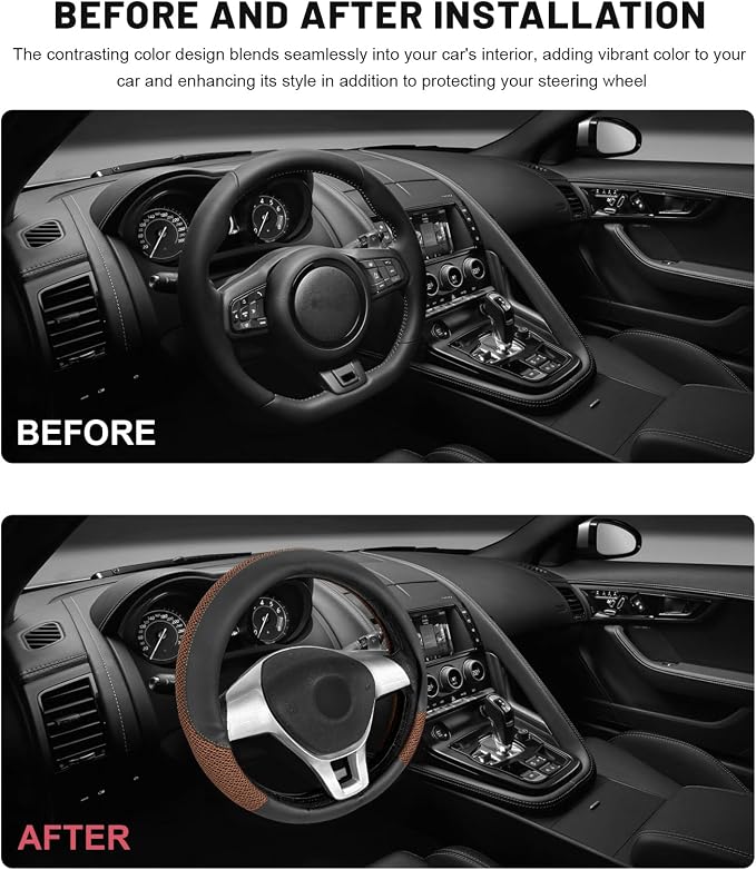 Sun Walker Steering Wheel Cover, 15 inch Breathable Steering Wheel Protector with Anti-Slip Lining, Comfortable Wheel Wrap Cover for Most Vehicles, Universal Car Accessories (Coffee)