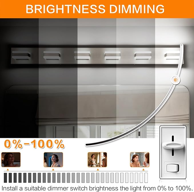 SOLFART Bathroom Vanity Lights, Brushed Nickel Light Fixtures for Bathroom Above Mirror, 6 Light Led Vanity Lighting,5 Color Temperature Adjustable,Bath Lighting Fixture Nickel ETL Listed