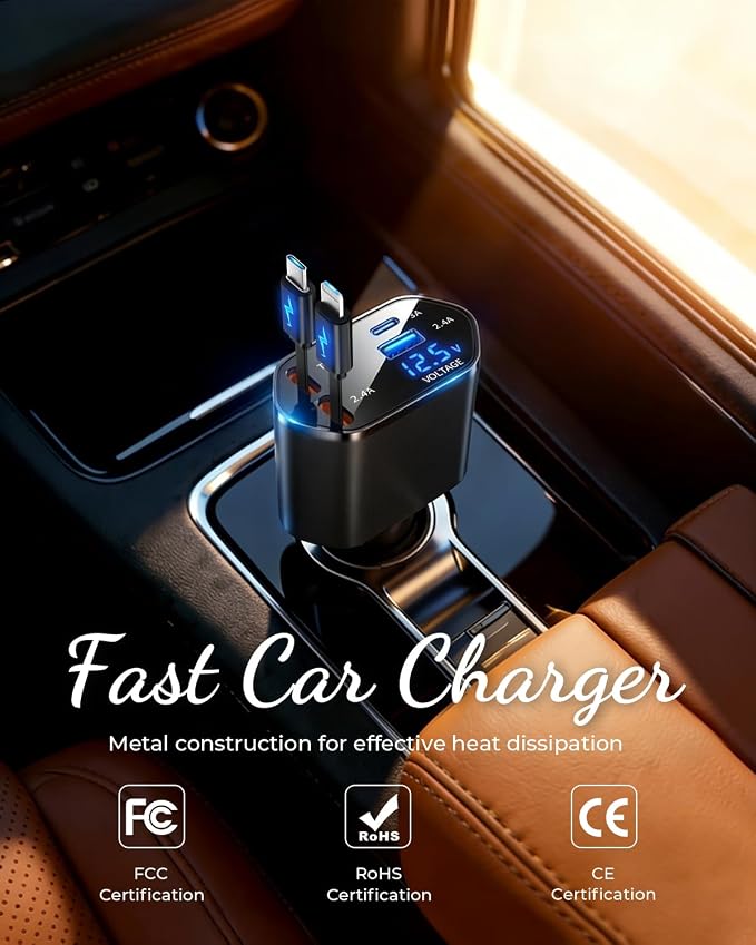 BERTHALESS for Dad Retractable Car Charger, 4 in 1 Fast Charging with USB-C & USB-A, Compatible with iPhone 17/16/15/14/13/12/11,Galaxy,Pixel,Samsung, Anniversary Birthday Gifts for Men Women,Black
