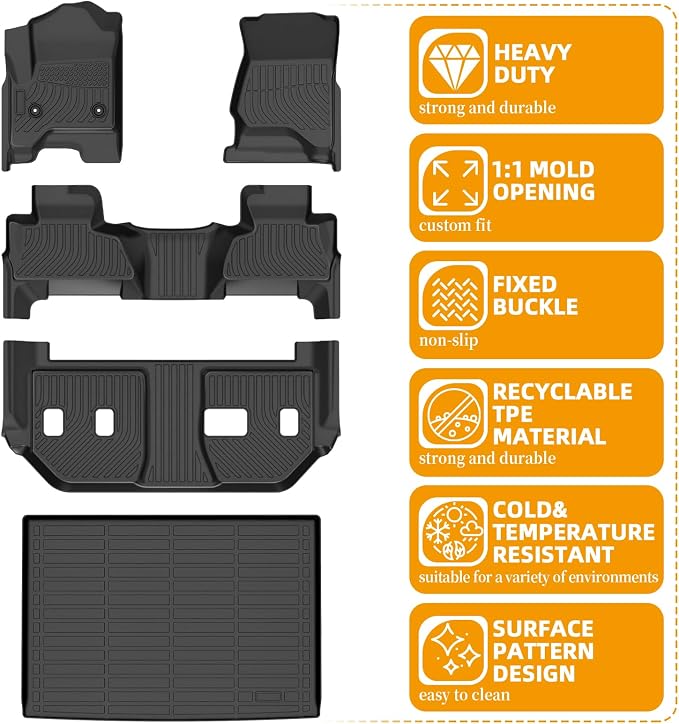 Floor Mats for Chevy Suburban 2015-2020,for GMC Yukon XL(with2nd Row Bench) | 7 seats, 1st & 2nd & 3rd Row &Cargo Mat, TPE Non-Slip Waterproof Summer Winter Chevrolet Suburban Car Accessories