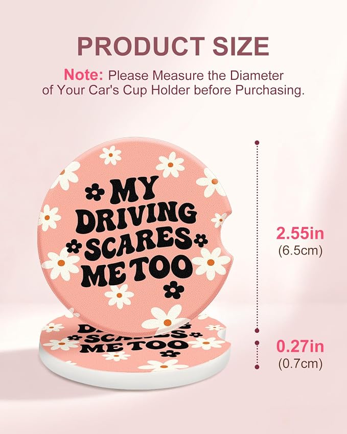 Swooflia 2 Pack Absorbent Ceramic Car Coasters for Women - 2.55 Inch Floral Pink Funny Quote Car Cup Holder Coasters with Cork Base, Funny Car Accessories, New Driver Gifts