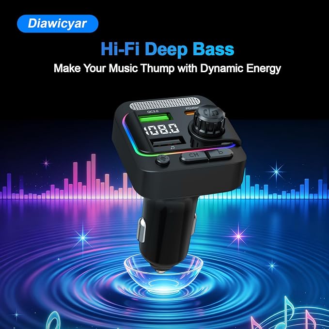 63W FM Transmitter Bluetooth Car Adapter, Wireless FM Bluetooth Transmitter | [PD 45W & QC3.0] Fast Charge, Deep Bass Player, Hands-Free Calling, Black