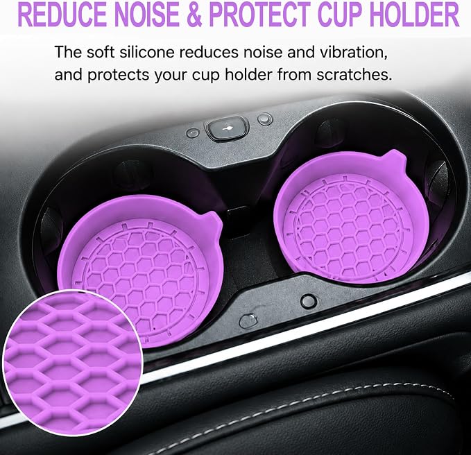 4 Pack Car Cup Holder Coaster, 3.15 Inch Non-Slip Silicone, Purple | Cup holder insert, spill proof ,raised lip, honeycomb base, rinse clean, fits most sedans suvs trucks, automotive accessories
