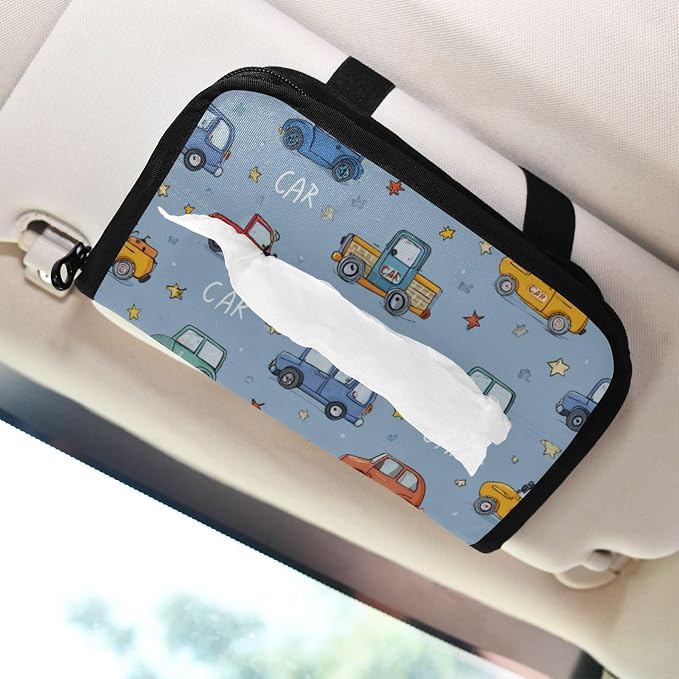 Car Visor Tissue Holder Mask Holder for Car, Car Tissue Box Sun Visor Napkin Holder Car Visor Accessories Adjustable Straps Reusable Durable Easy to Install Blue Cute Cars and Stars