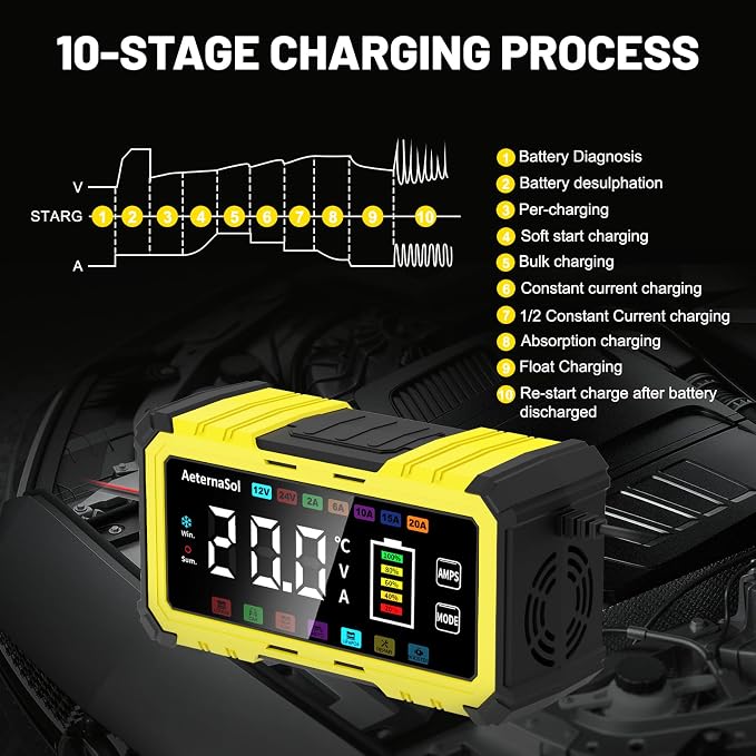 20A 12V/24V Battery Charger LiFePO4 Lead Acid Battery Maintainer,Battery Desulfator with Temperature Compensation,Smart Car Battery Trickle Charger for Car Truck Motorcycle Lawn Mower Boat