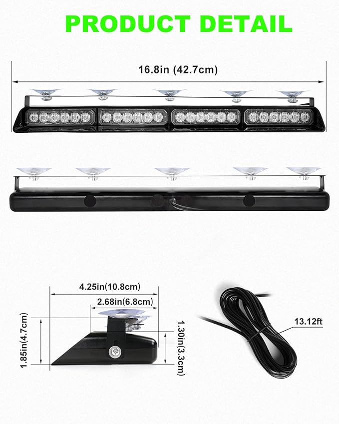 HLauto 6Z4J Emergency Dash Strobe Lights: 2x16.8 inch Green White Safety Lights, 48 LED Flashing Warning Hazard Interior Windshield Visor Traffic Light Bar for Trucks, Construction Vehicles