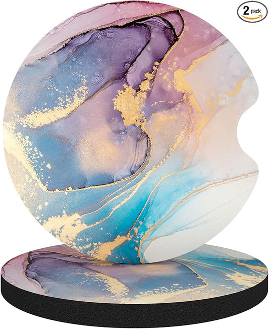 Aiawoxc Car Cup Holder Coasters, 2 Pack Universal Auto Anti Slip Insert Coaster with A Finger Notch, Cute Car Assecories for Women Men, Cup Mat for Most Interior, Purple Ink Marble