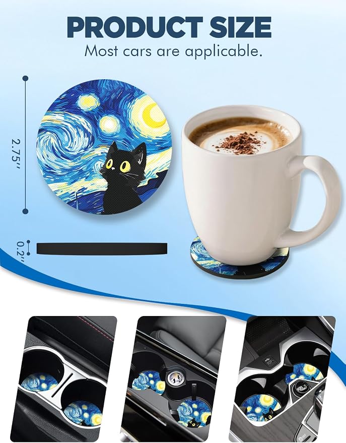 WOCOCN Car Coasters for Cup Holders - 2 Pack 2.75" Universal Rubber Car Cup Coaster, Non-Slip Waterproof Car Interior Accessories, Cute Car Decor Gifts for Women and Men (Blue Starry Sky Cat)