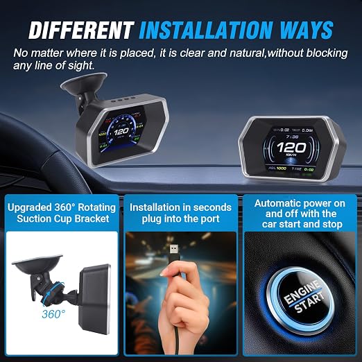 P17 Car HUD OBD & GPS Dual Mode Fuction Speedometer,Display Projects Real time Driving Data Like Speed, RPM, Fuel Consumption, Voltage, Water Temperature,12 Languages Adjustable,for All Vehicle