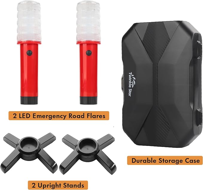 Twinkle Star LED Emergency Roadside Flares Kit, Set of 2 | Safety Strobe Road Warning Light, Highway Beacon Alert Flare, Magnetic Base, Detachable Stand, Solid Storage Case