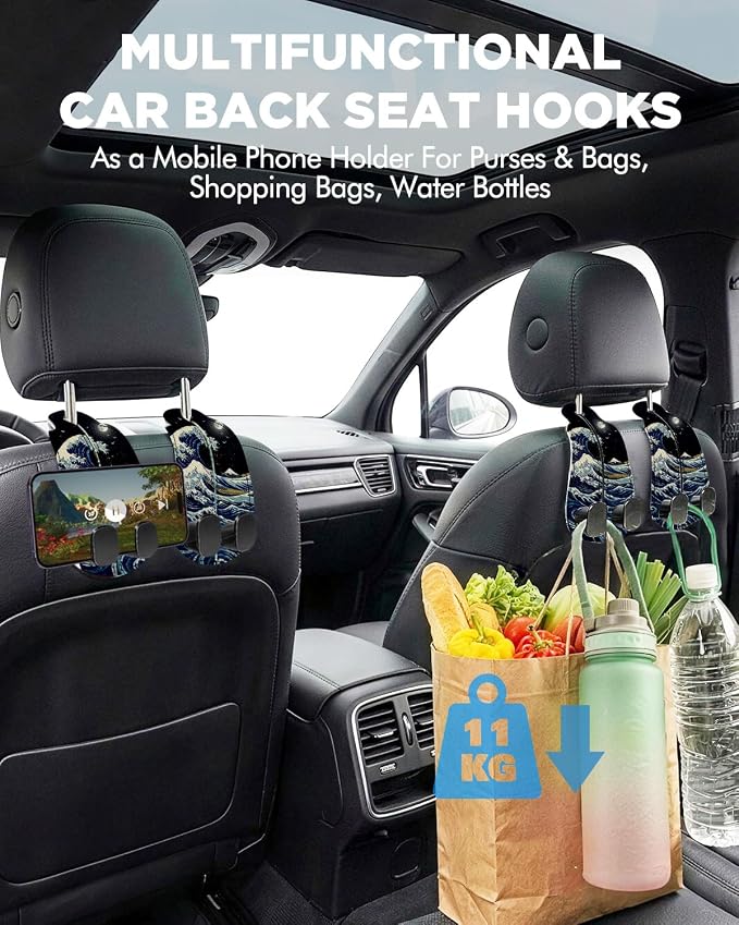 WOCOCN Purse Holder for Car, 2 Pack Heavy Duty Purse Hanger for Car, PU Leather Car Seat Hooks for Purses and Bags, Cute Wave Headrest Organizer for Handbags & Backpacks