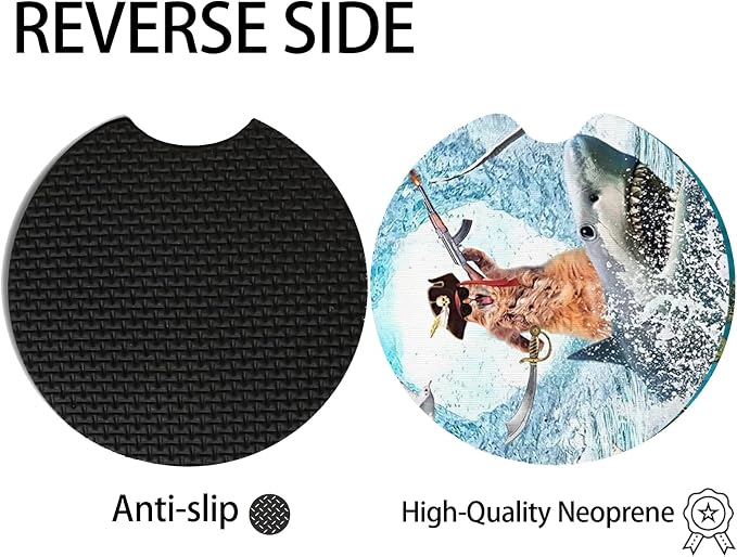 2pcs Cute Shark and Cat Car Coasters,Absorbent Universal neoprener Cup Holder Coasters with a Finger Notch,Car Accessories for Women&Man Interior，2.75"