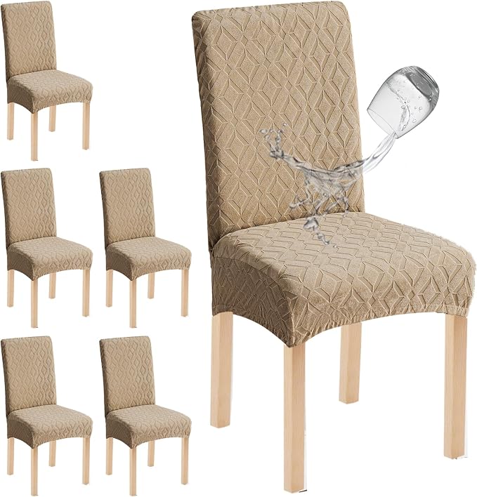 Genina Waterproof Chair Covers for Dining Room Set of 6, Removable Washable Chair Slipcover Protectors, Large Khaki