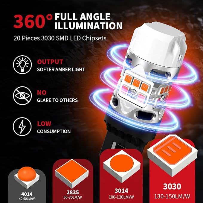 LASFIT 7440 LED Bulb Anti Hyper Flash Canbus 7443 Front or Rear Turn Signal Light 7444na 7441 7444 7440NA W21W WY21W Bulbs No Load Resistor Need, Upgraded Amber (Pack of 2)